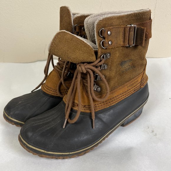 Sorel Winter Fancy Lace II Womens Boots US 8.5 Brown Leather Mid Calf Insulated - Picture 1 of 11